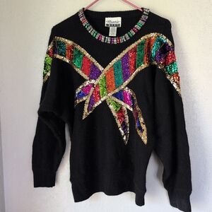 VTG Marnie West Sweater M Black Sequins Shoulder Pads Glam Indie